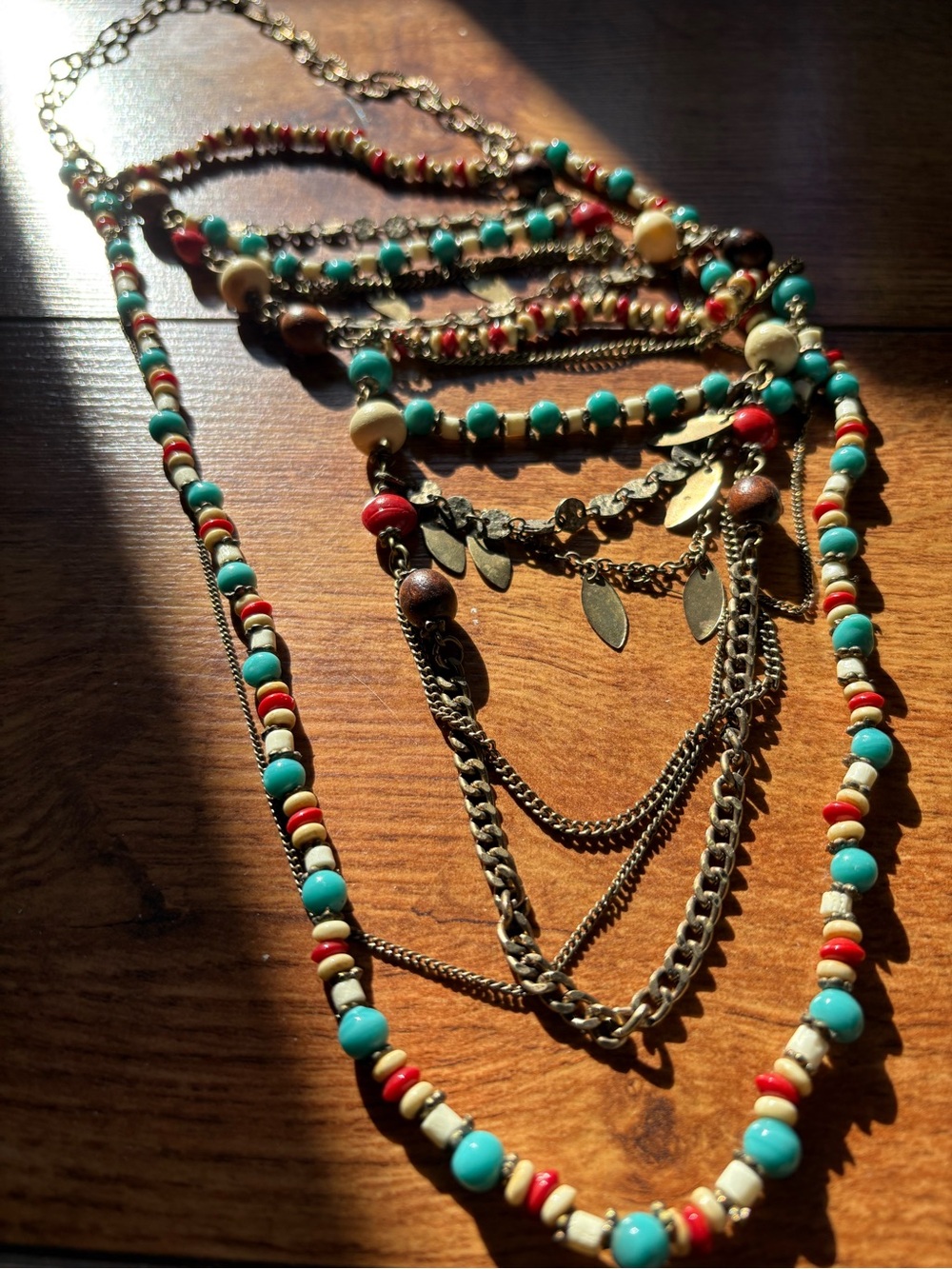 Vintage ~2003-2004 Era Layered Turquoise & Red Bead Multi-Strand Necklace